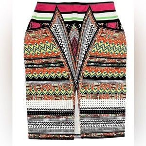 BISOU BISOU Michele Boho Multi Color Geometric Bodycon Pencil Skirt Women’s L